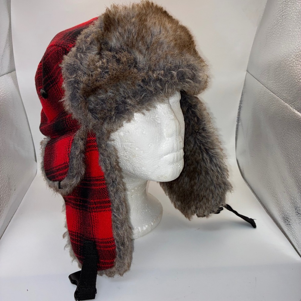 Ozark Trail Red Buffalo Plaid Trapper Hat Faux Fur Ear Flaps One Size OSFM